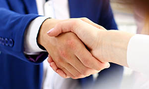 business man and woman shake hands