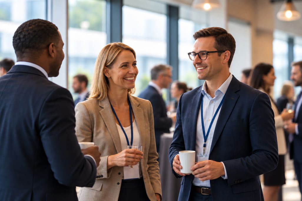 Professionals networking at a conference setting
